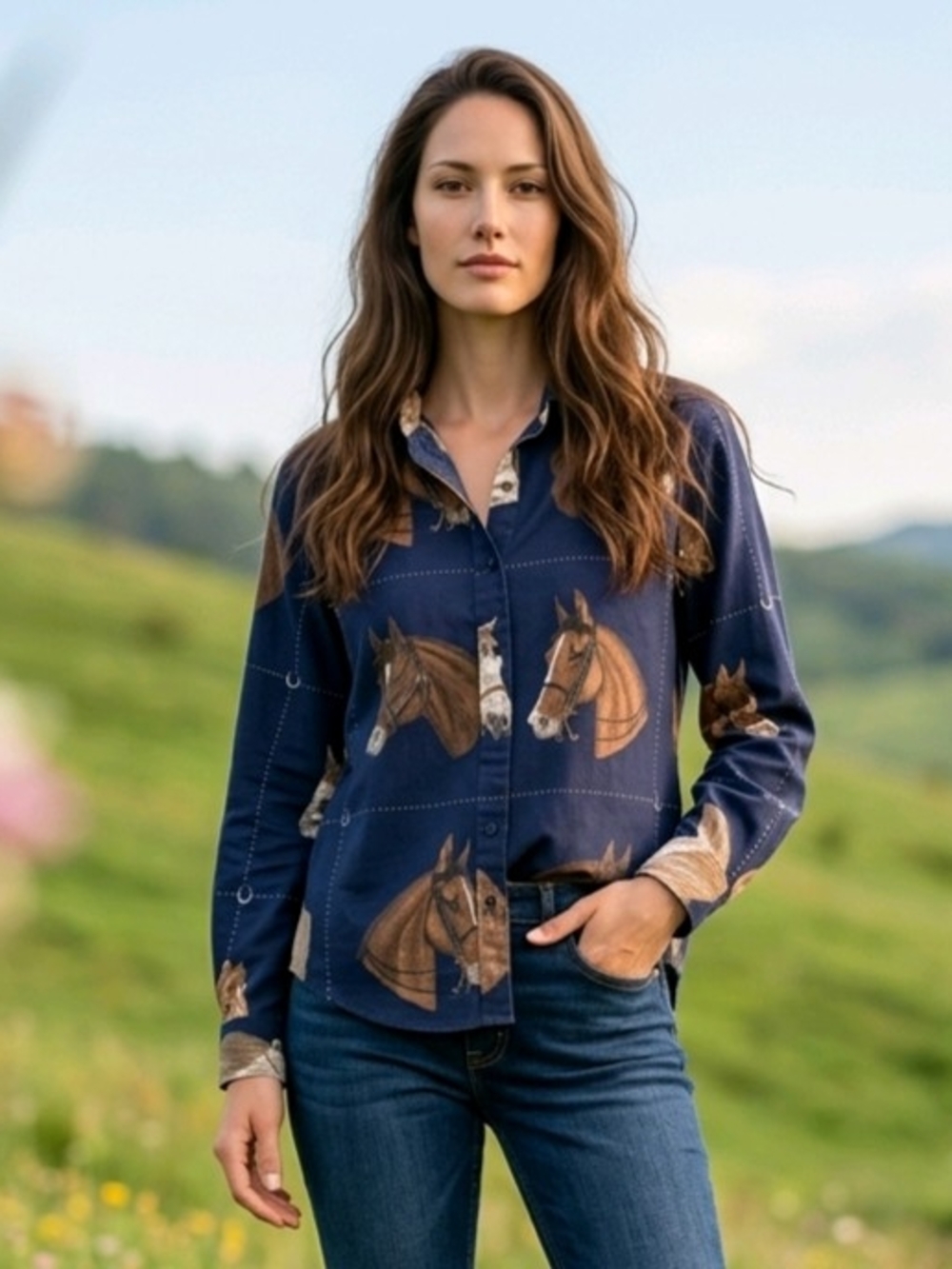Vtg Roper Women's Western-Style Blue Button-Down Shirt Horse Head Print 11/12